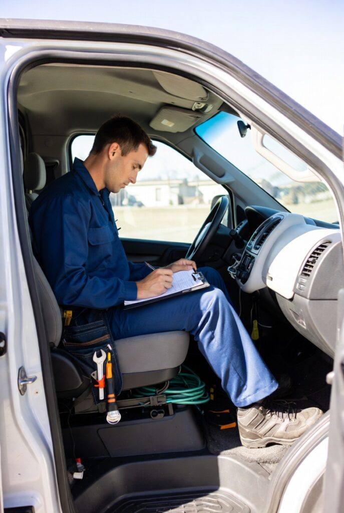 HVAC Technician Reviewing Job Notes in Service Van