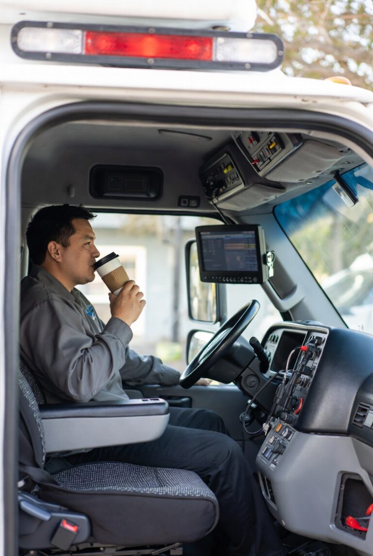 Male HVAC technician sitting in service truck cab holding coffee while reviewing a digital dispatch screen
