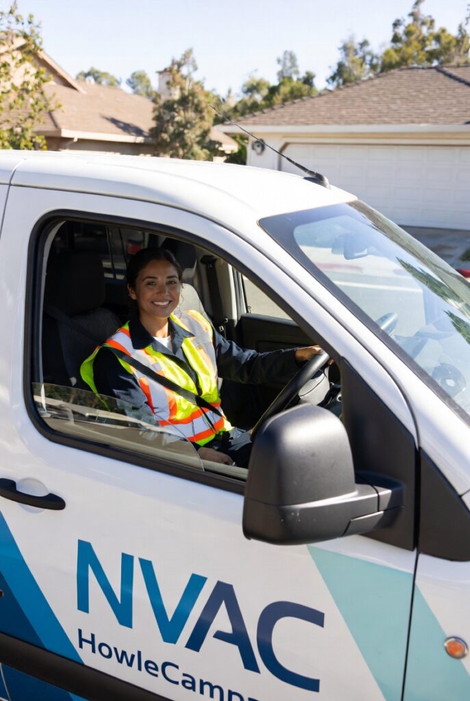 Smiling female HVAC technician in safety vest sitting in a branded NVAC service van outside a residential home