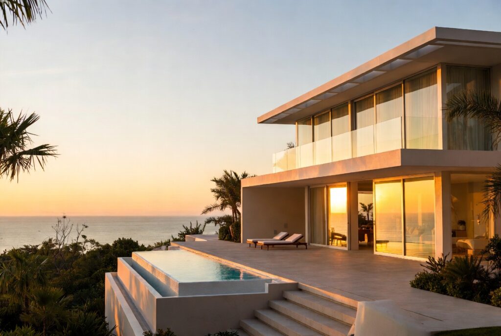 Modern two-storey white luxury villa with a private infinity pool, sun loungers on a terrace, and panoramic ocean views at golden hour sunset