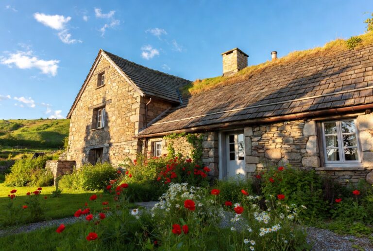 Traditional two-storey stone cottage with a slate roof, white-framed windows, chimney stacks, and a lush wildflower garden with red poppies set against green rolling hills under a blue sky