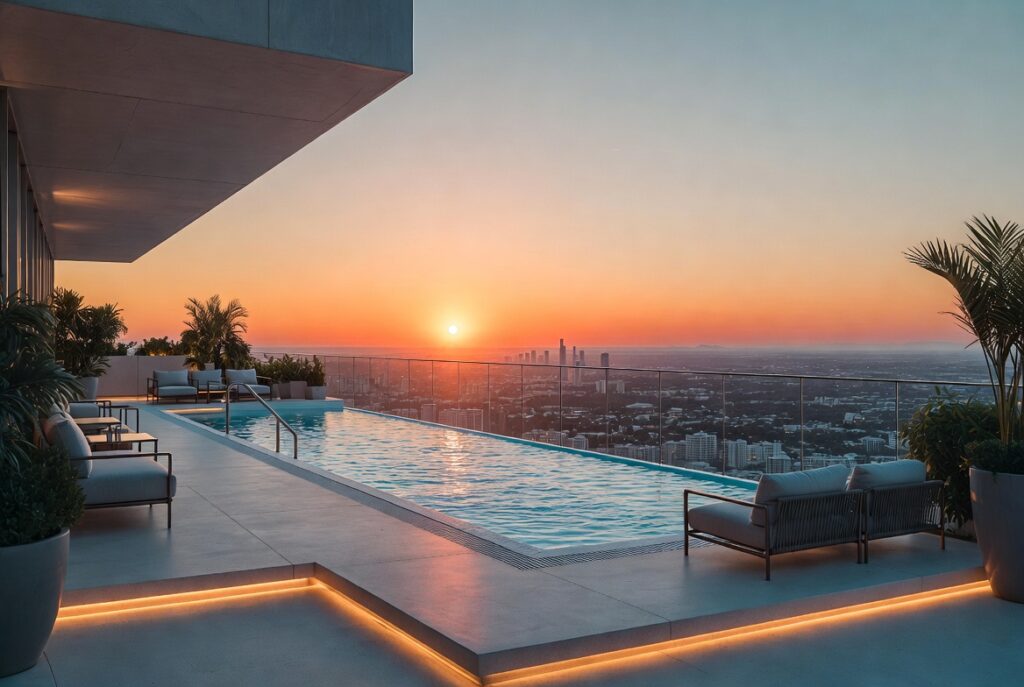 Luxury rooftop infinity pool with LED-lit steps, contemporary outdoor seating, tropical plants, and a dramatic orange and red sunset over a city skyline in the distance