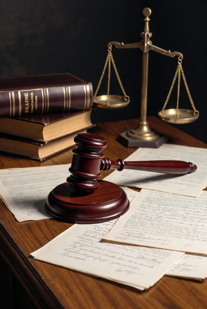 Wooden judge's gavel resting on legal documents beside brass scales of justice and law books on a desk
