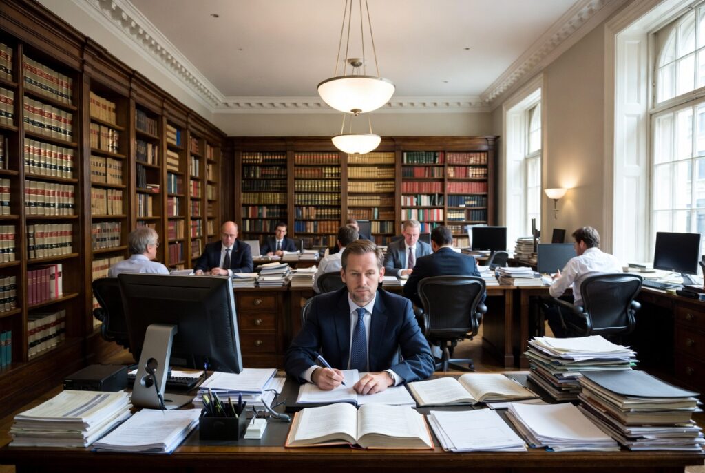 Law firm attorneys reviewing documents and working at desks surrounded by legal books in a professional office