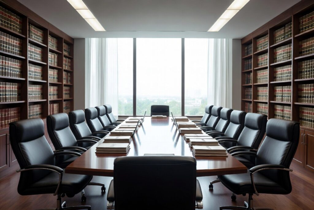 Empty law firm boardroom with leather chairs, long conference table, stacked case files, and floor-to-ceiling legal bookshelves