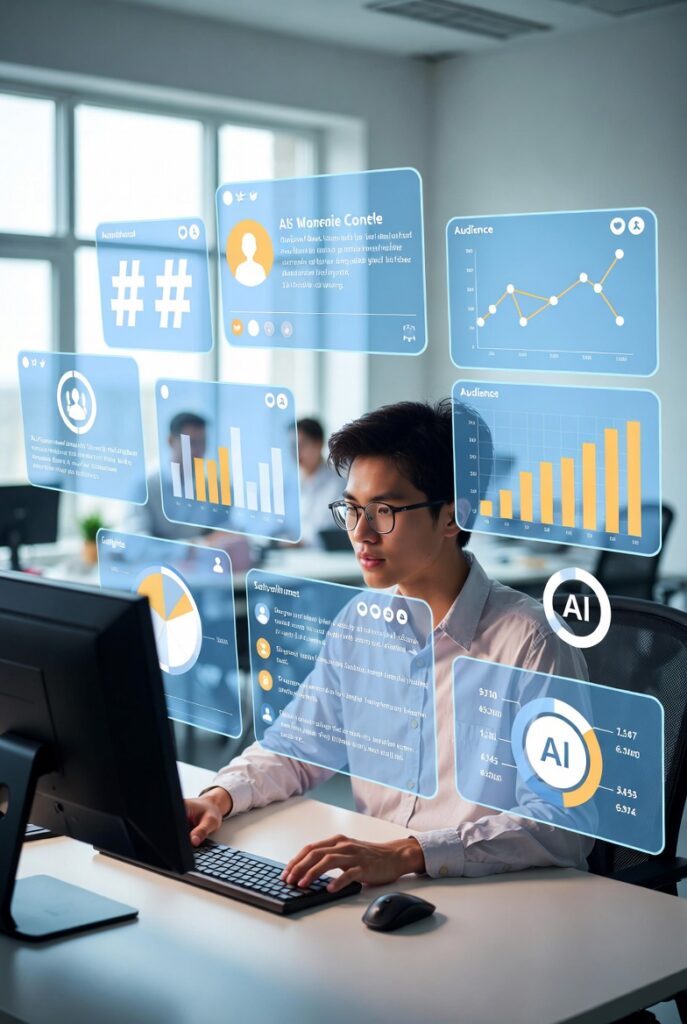 Young professional using AI tools to manage social media content and audience analytics at office desk