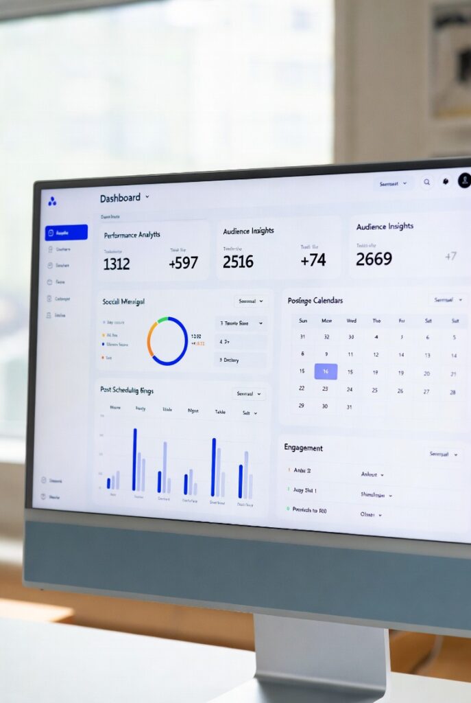 Social media management dashboard showing performance analytics, audience insights, posting calendar, and engagement metrics on desktop monitor