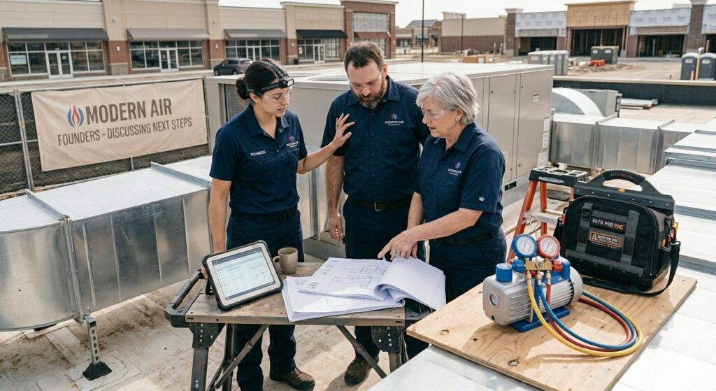 HVAC team reviewing blueprints and plans at a commercial job site