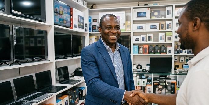 Small business owner greeting a customer with a handshake in a retail store