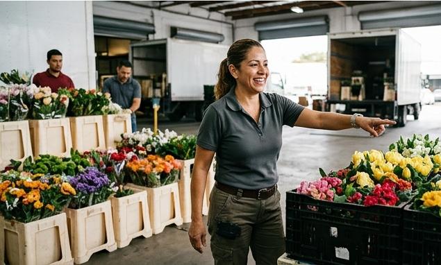 Female small business owner directing her team at a flower distribution warehouse