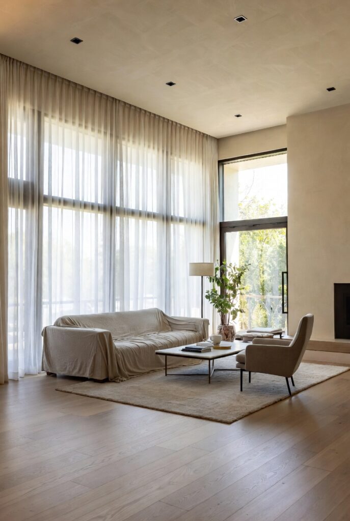 Minimalist living room with sheer floor-to-ceiling curtains and natural light