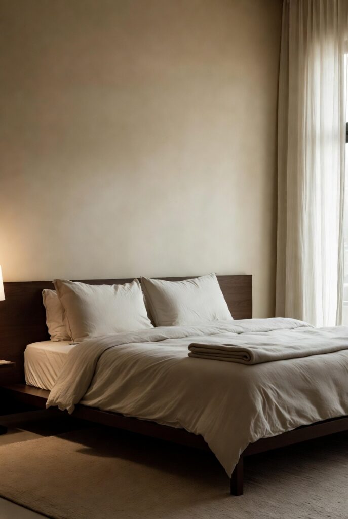 Minimalist bedroom with white linen bedding and warm ambient lighting