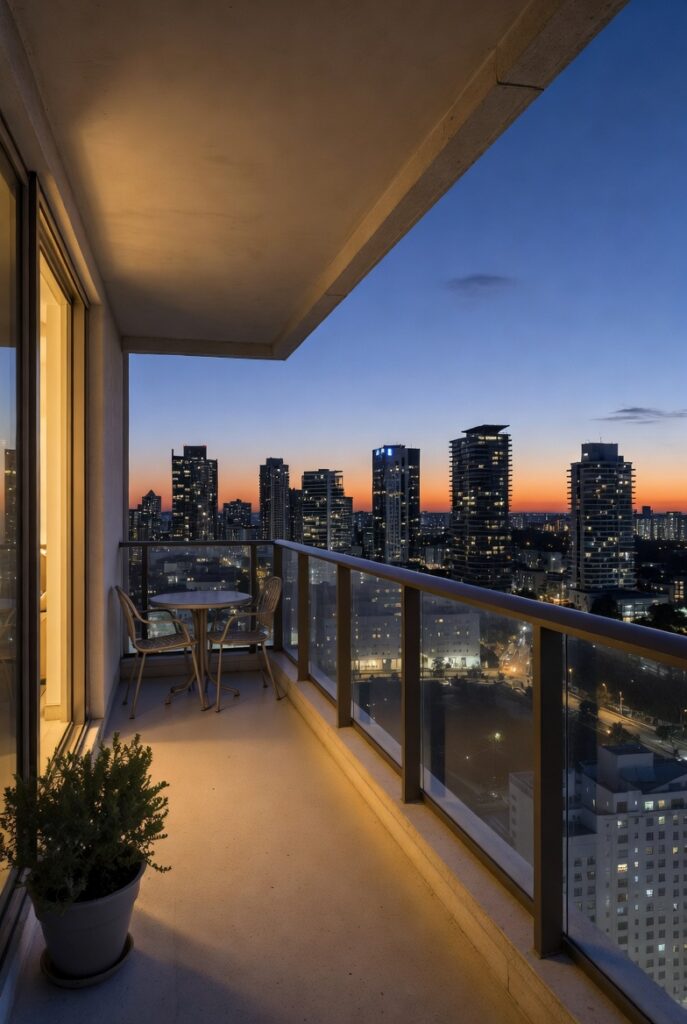 High-rise apartment balcony with city skyline view at sunset