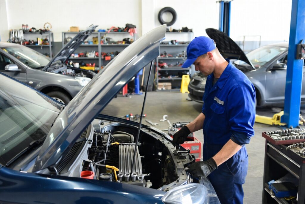 Auto mechanic in blue uniform repairing car engine in workshop