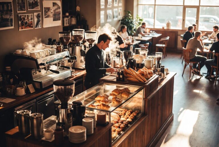 Busy café barista at espresso counter with pastry display and seated customers