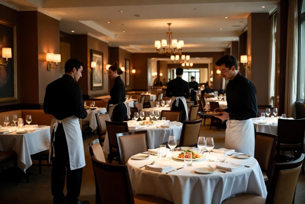 Fine dining waiters serving tables in an upscale restaurant