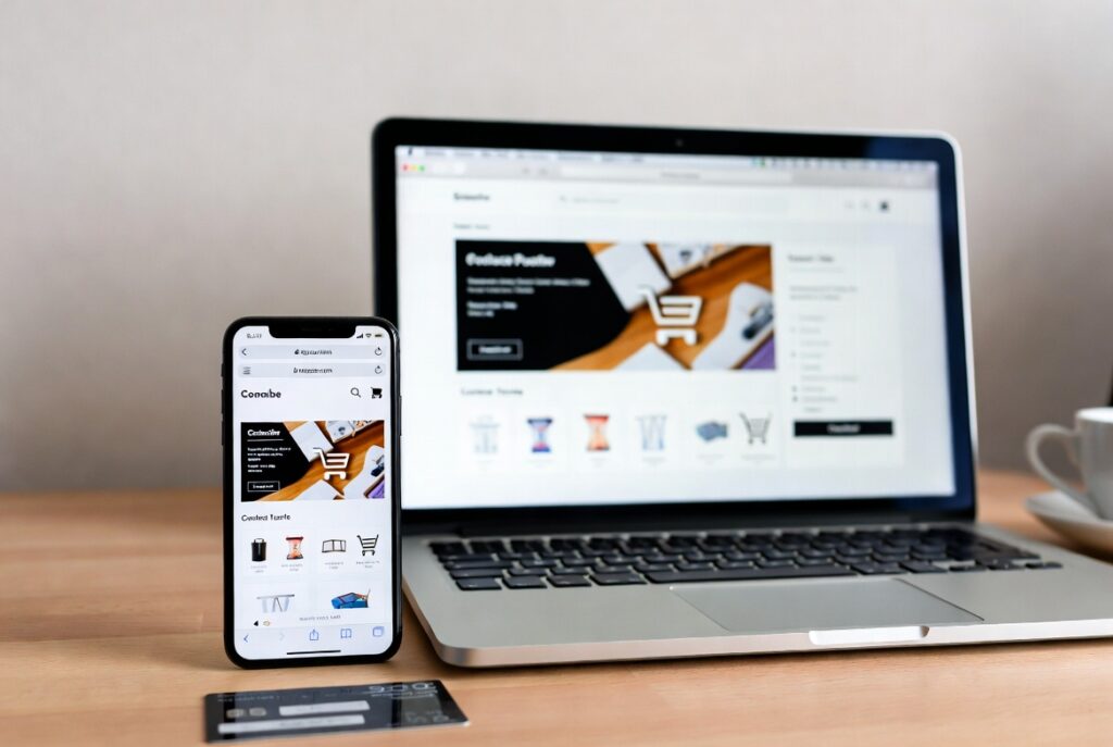 E-commerce website displayed on smartphone and laptop showing online business automation