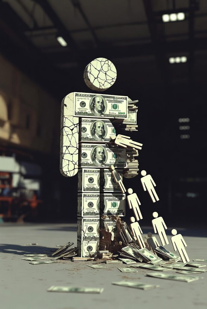 A crumbling figure built from dollar bills with small human icons walking away representing revenue lost to client churn