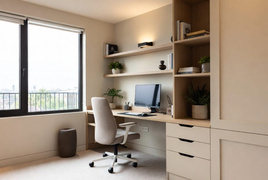 Modern home office with built-in shelving and city view window in a real estate listing