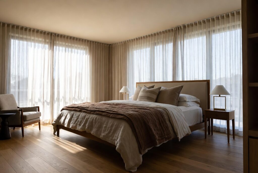 Bright master bedroom with neutral linen tones and natural light in a staged real estate property