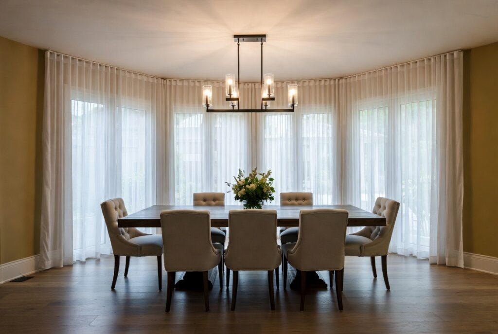 Elegantly staged dining room with tufted chairs and sheer curtains in a real estate listing