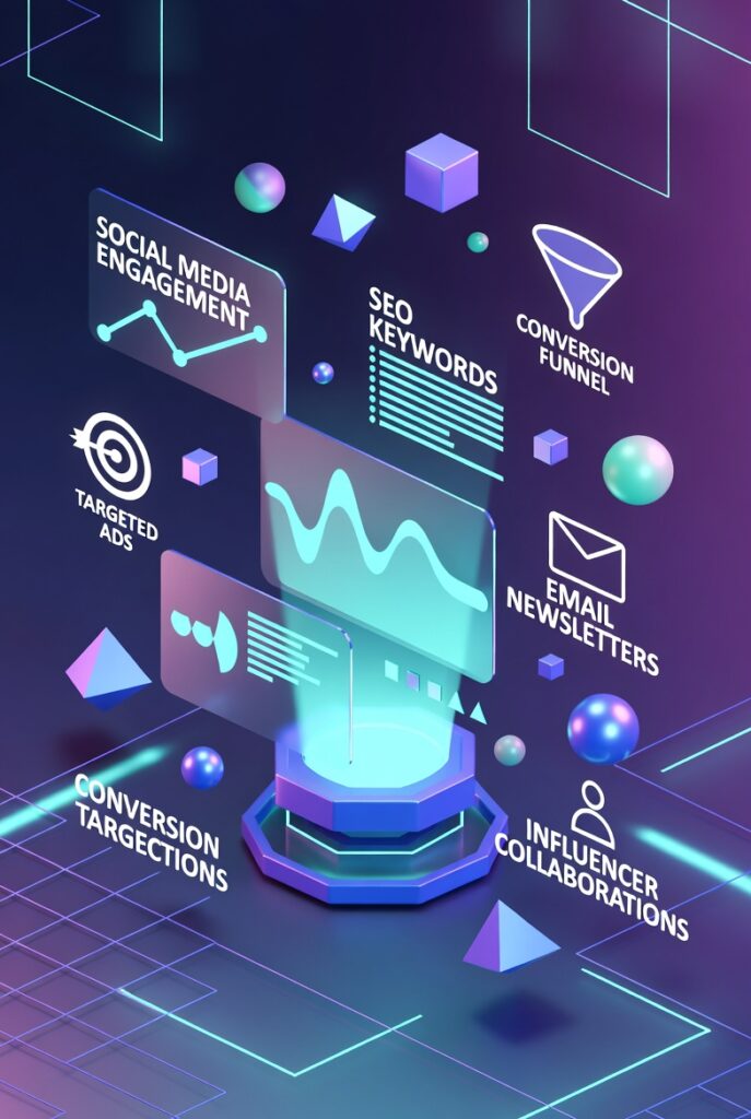 Isometric digital marketing graphic showing SEO keywords, targeted ads, conversion funnel, email newsletters, and social media engagement
