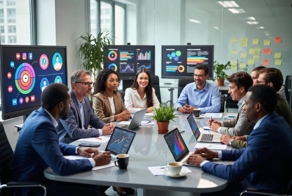 Diverse marketing team reviewing AI-powered ad campaign dashboards in a meeting room
