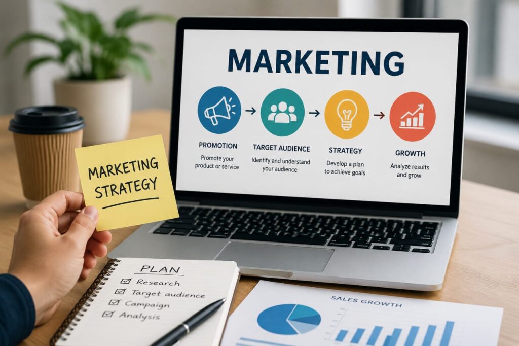 Laptop showing marketing strategy framework with promotion, target audience, strategy, and growth stages alongside a handwritten plan checklist