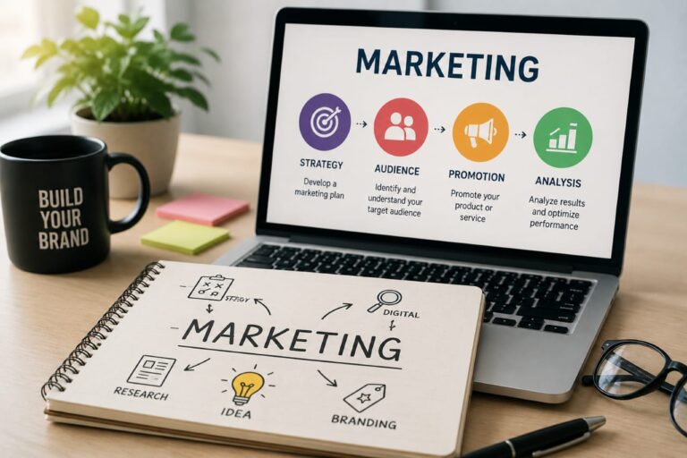 Marketing notebook and laptop displaying strategy, audience, promotion, and analysis framework with Build Your Brand mug