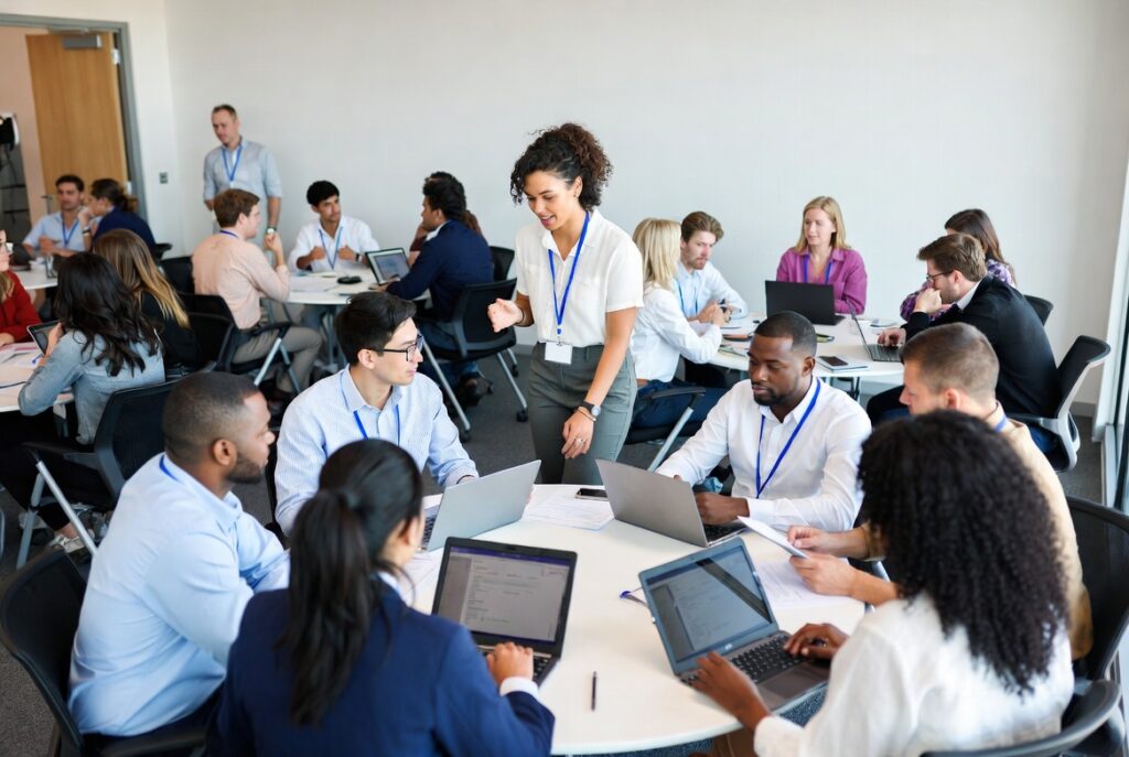 Business trainer guiding staff through a corporate training session using laptops