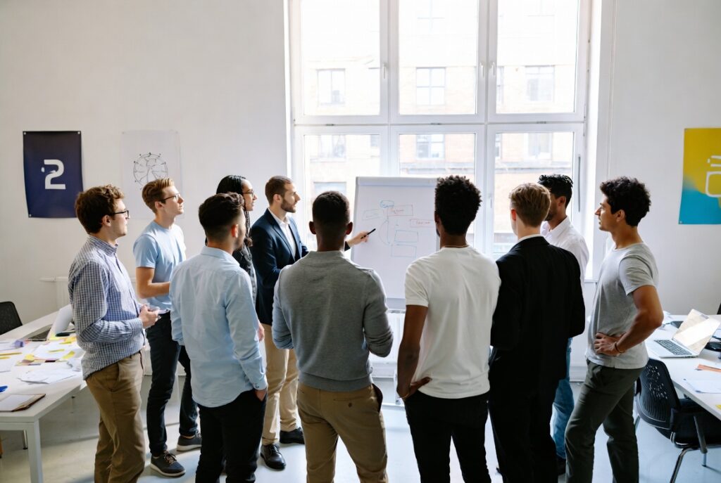 Team leader explaining a training workflow to employees gathered around a whiteboard