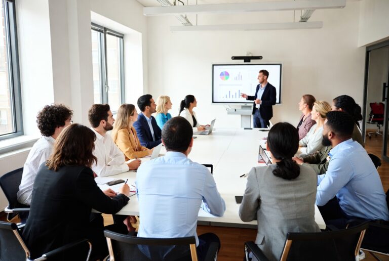 Manager presenting training completion data and charts to a full team in a boardroom