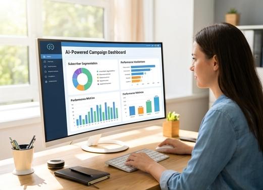 Woman viewing AI-powered email campaign dashboard with segmentation and performance metrics