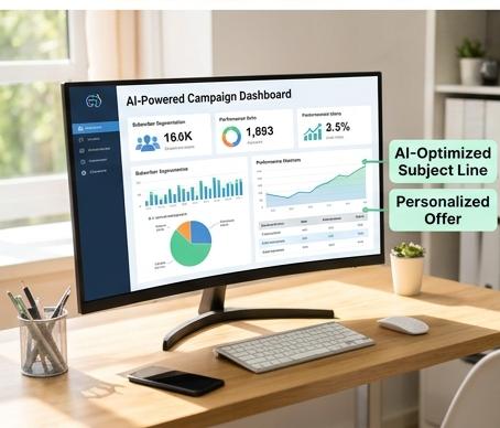 AI-powered campaign dashboard on monitor showing subscriber data, performance metrics, and conversion rates