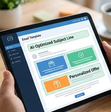 Email template on tablet showing AI-optimized subject line and personalized offer sections