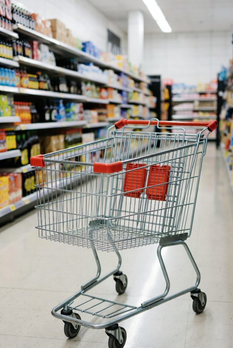 Empty shopping cart in a supermarket aisle representing cart abandonment