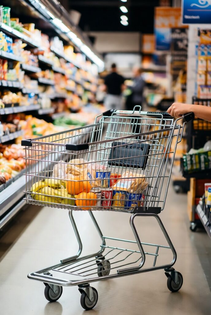 Shopper pushing a full grocery cart through a supermarket aisle