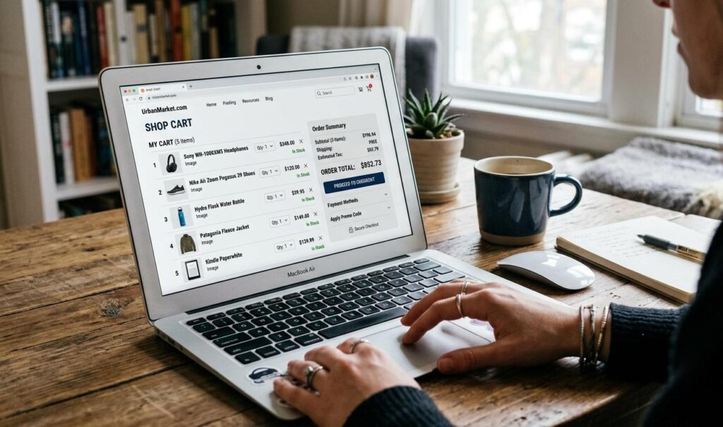Person viewing an online shopping cart on a MacBook with multiple products and order summary