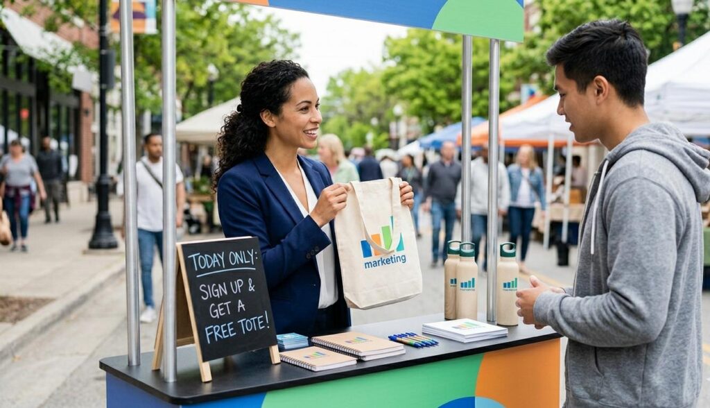 woman at marketing booth handing branded tote bag to potential customer