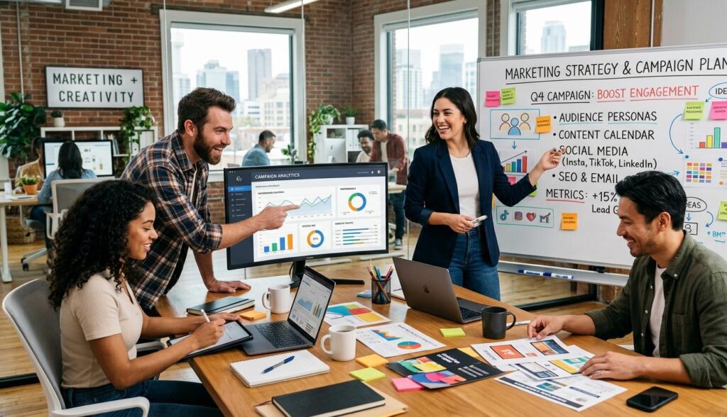 marketing team reviewing campaign analytics dashboard and strategy whiteboard
