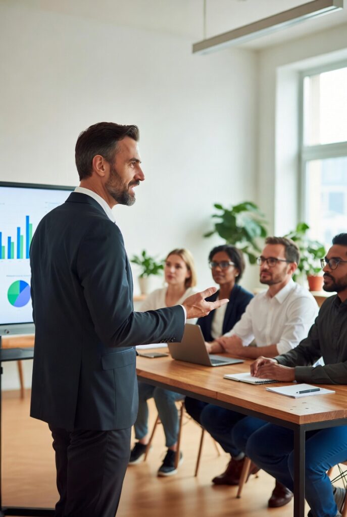 business presenter showing automation ROI chart to team